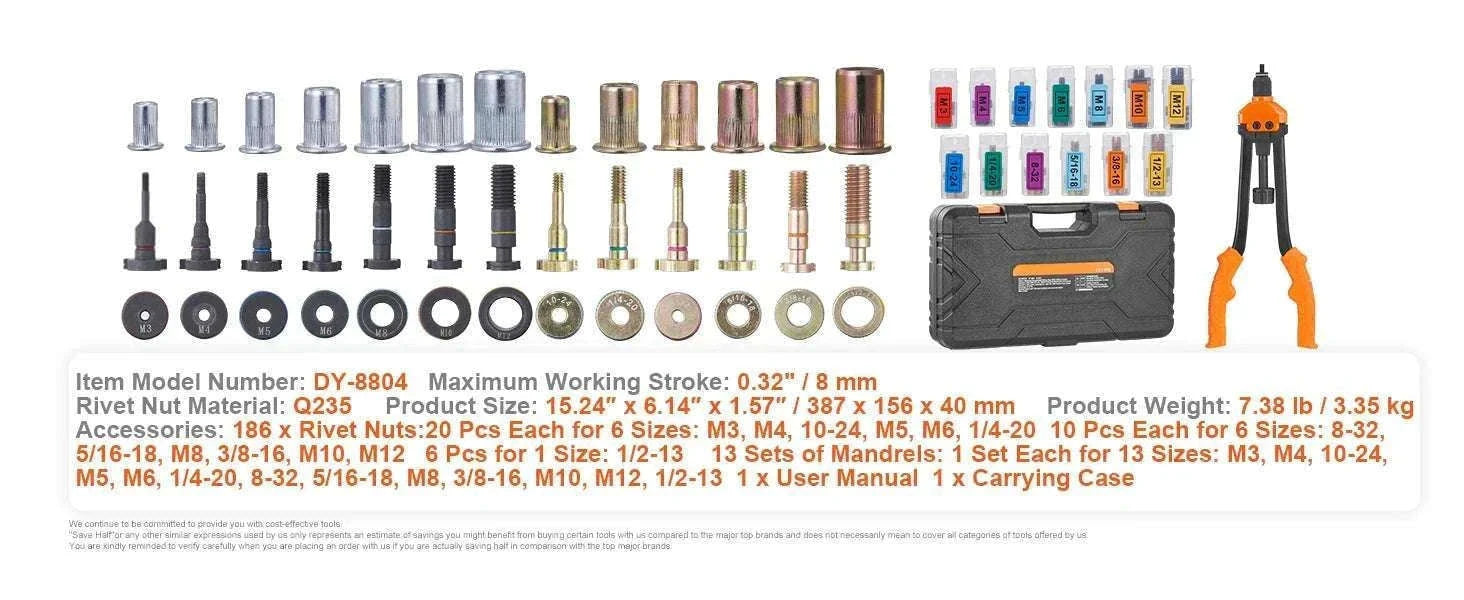 16" Rivet Nut Tool Kit with 13 Mandrels & 186 Rivnuts-16inch / United States