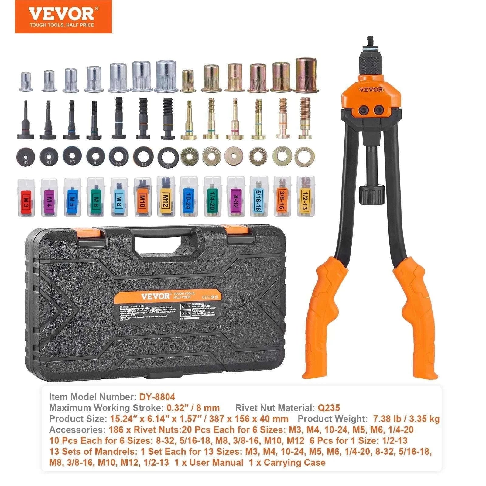 16" Rivet Nut Tool Kit with 13 Mandrels & 186 Rivnuts-16inch / United States