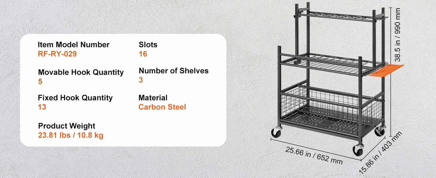 16-Slot Garden Tool Organizer Rack with Hooks and Wheels-16 Slots / Poland