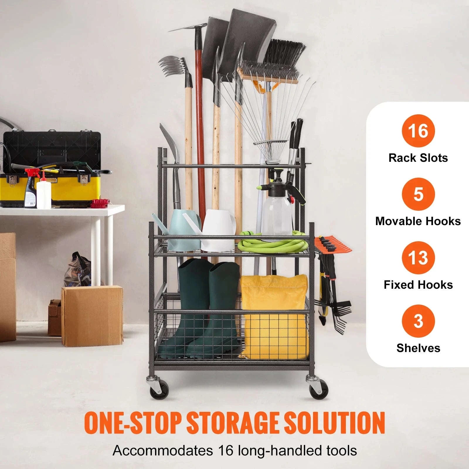 16-Slot Garden Tool Organizer Rack with Hooks and Wheels-16 Slots / Poland
