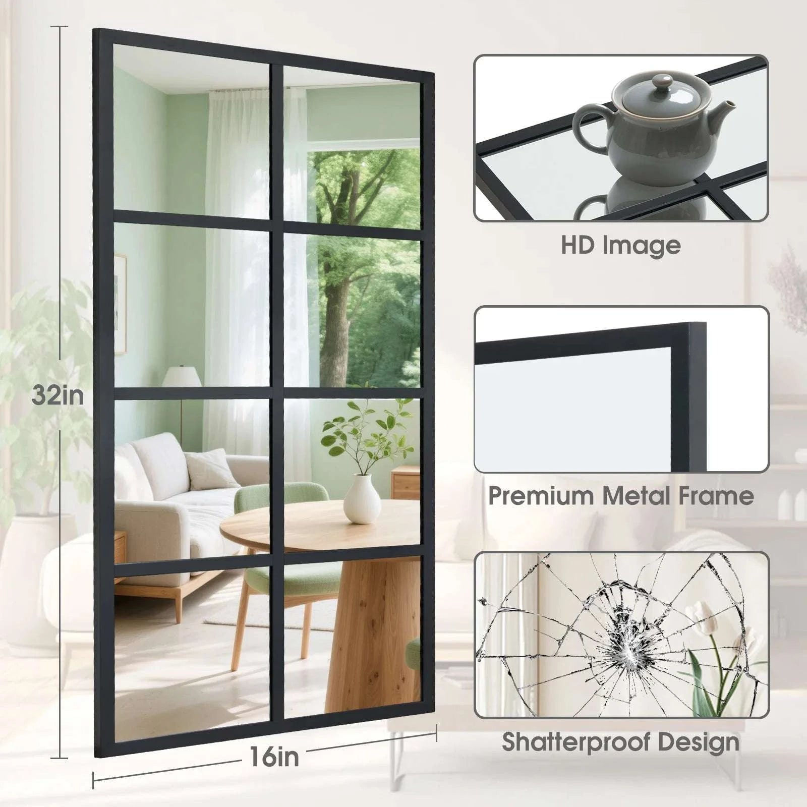 16" x 32" Window Pane Wall Mirrors Set of 2 Metal Frame-32L x 16W / United States