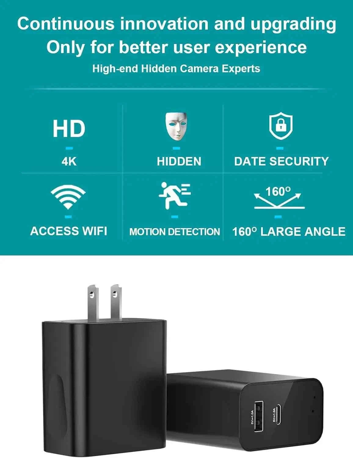 160° Wide Angle 4K HD Charger Camera with Motion Detection and App Control-Default Title