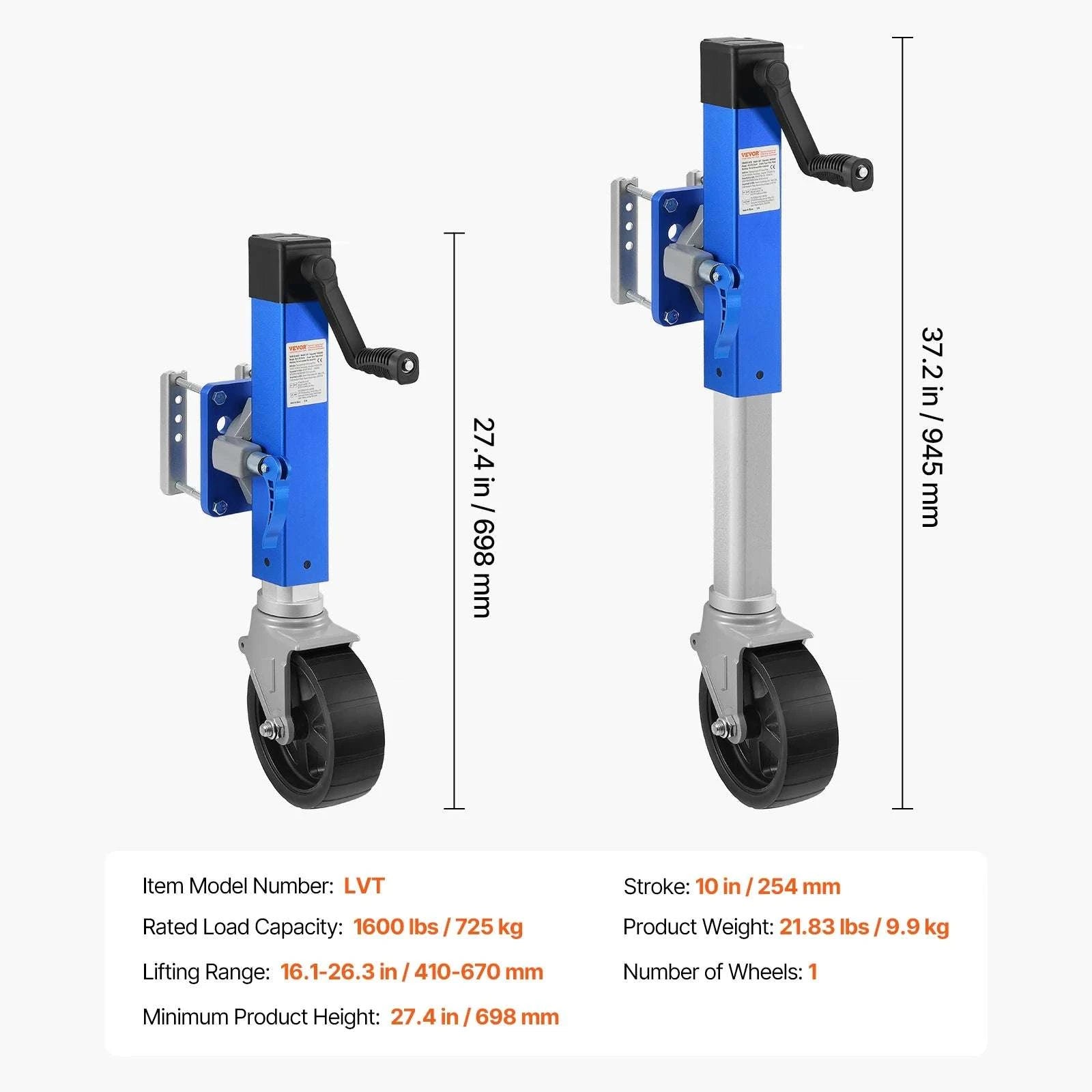 1600 lb Sidewind Trailer Jack with Wheel – Bolt-On, Adjustable Height-1600 lbs / United States