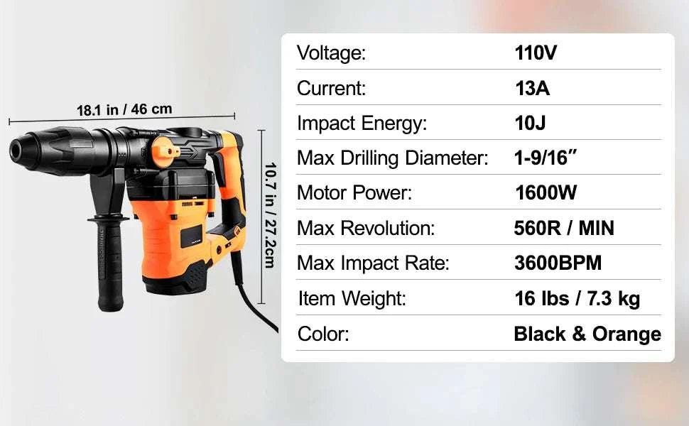 1600W Rotary Hammer Drill SDS Max 42mm 3 Mode Concrete Breaker-