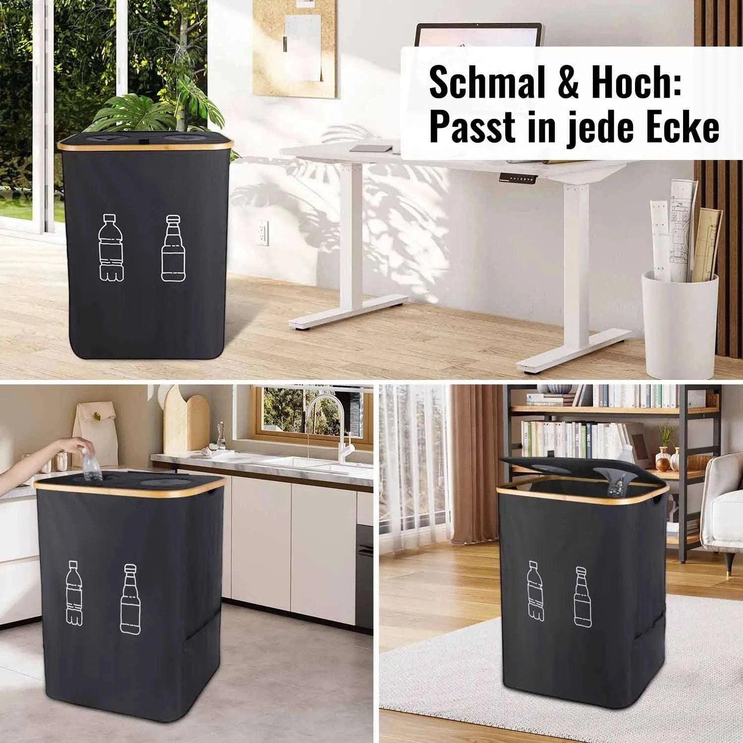 160L Extra Large Recycling Bin with Lid Foldable Storage Organizer-black / 160L / france