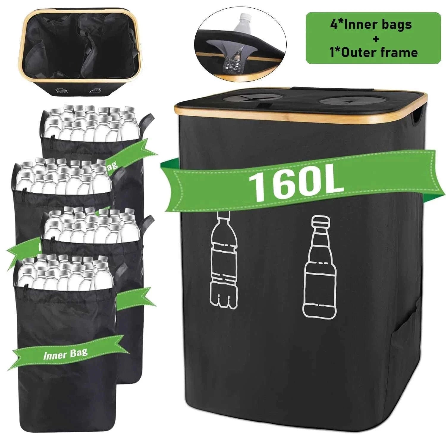 160L Extra Large Recycling Bin with Lid Foldable Storage Organizer-black / 160L / france