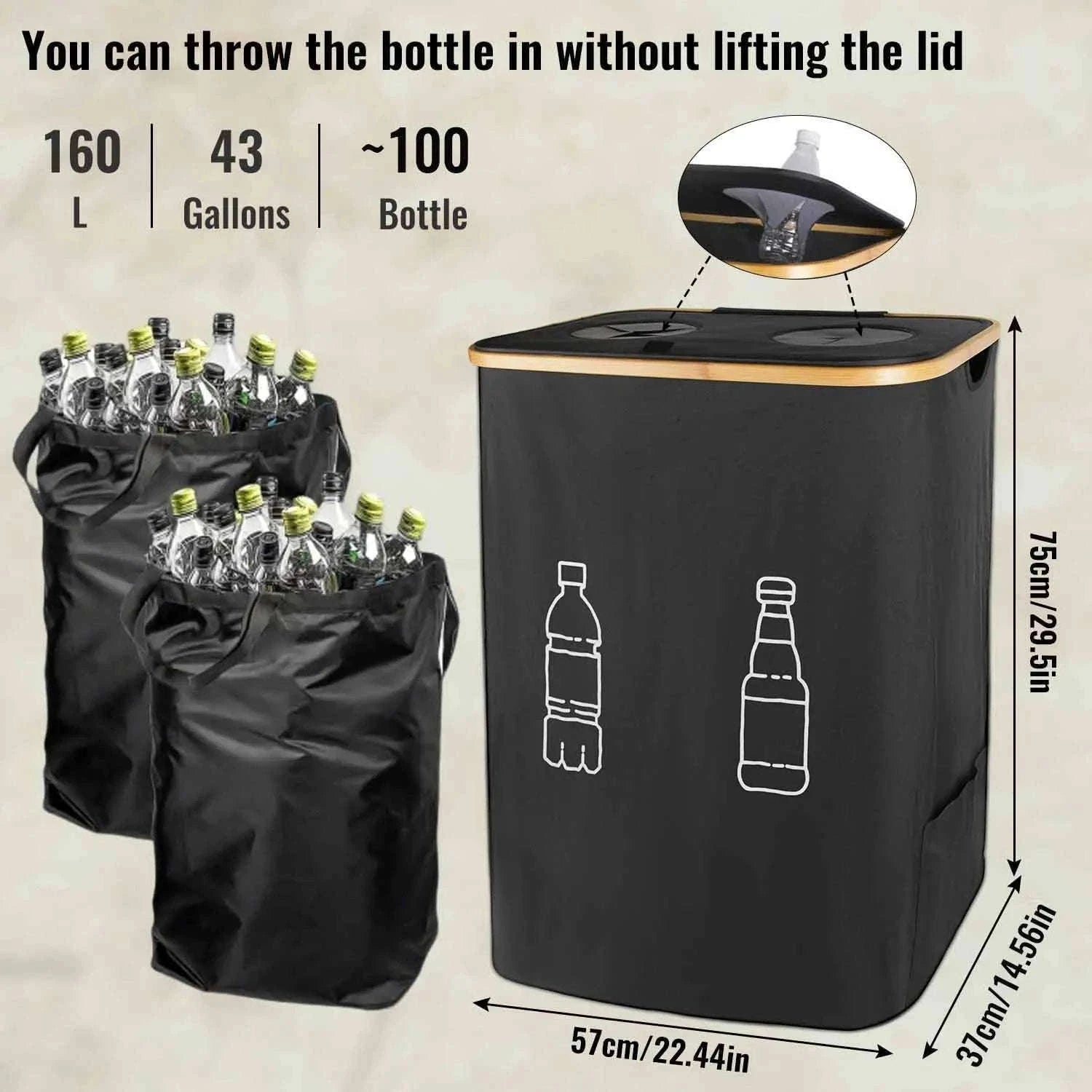 160L Extra Large Recycling Bin with Lid Foldable Storage Organizer-black / 160L / france