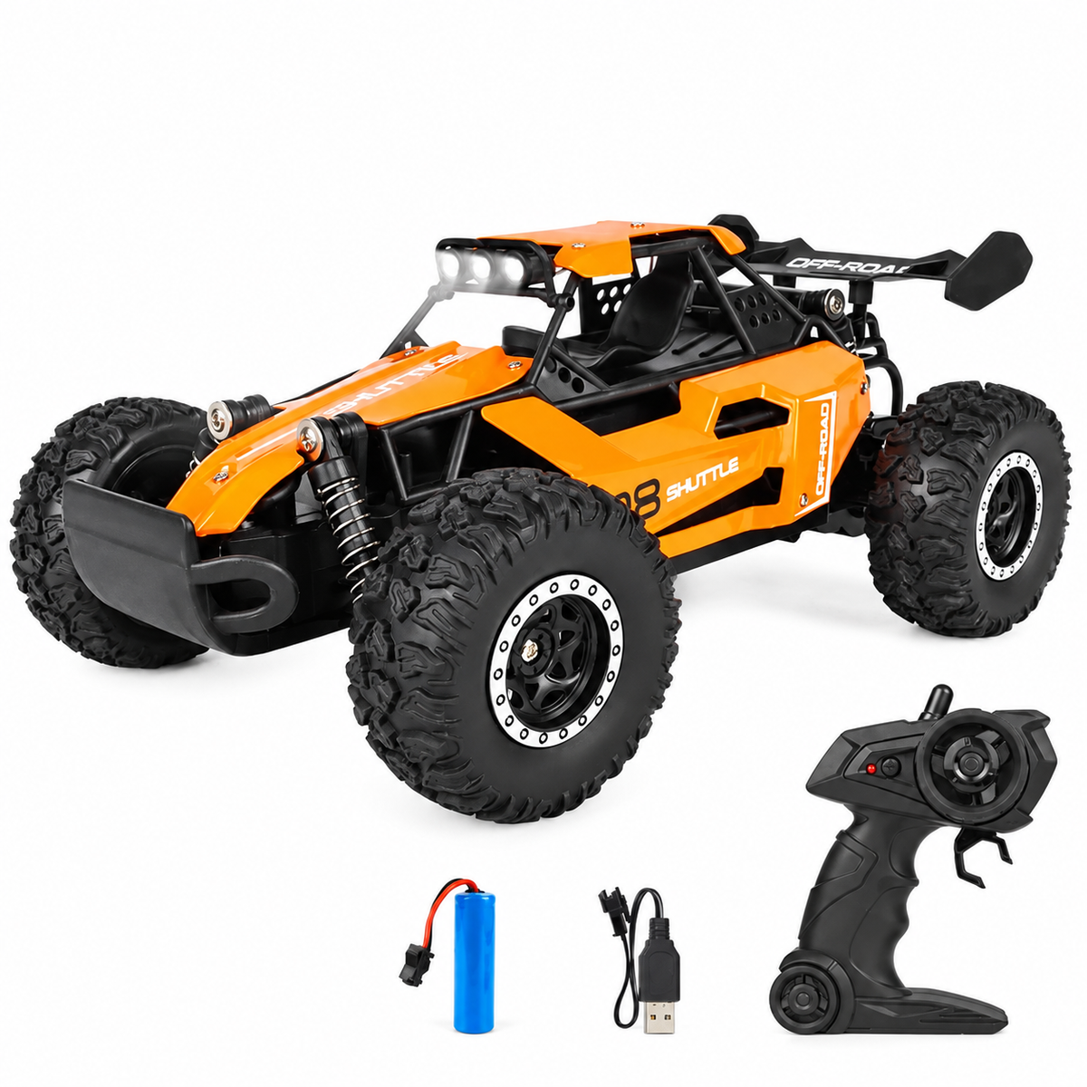 Orange RC off-road buggy with remote controller battery and charging lead