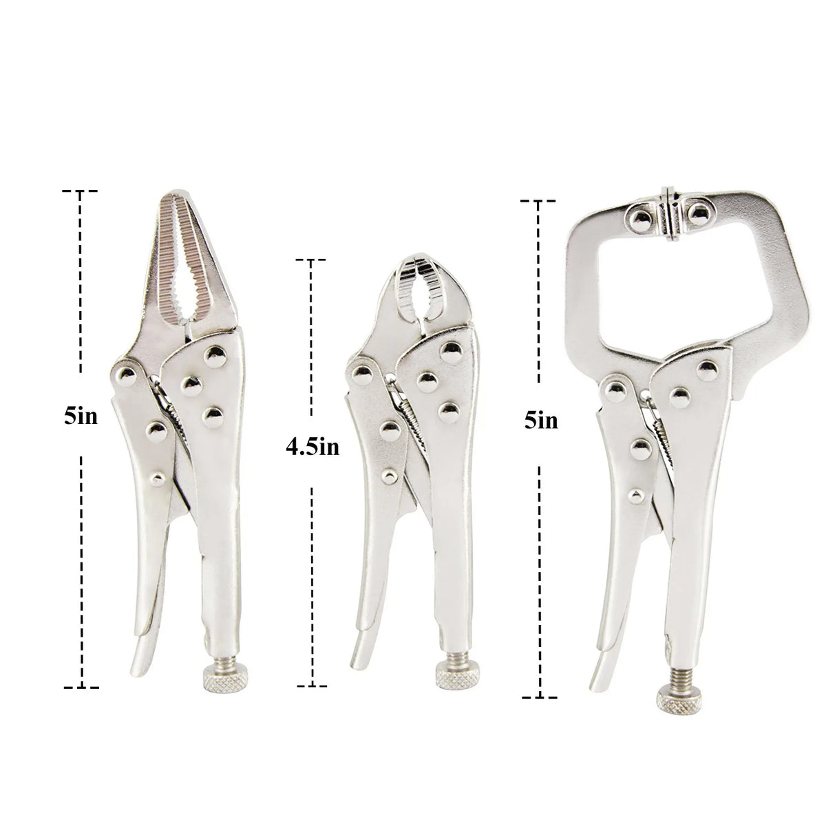 Three mini locking pliers curved jaw 4.5 inch long nose 5 inch and C clamp 5 inch