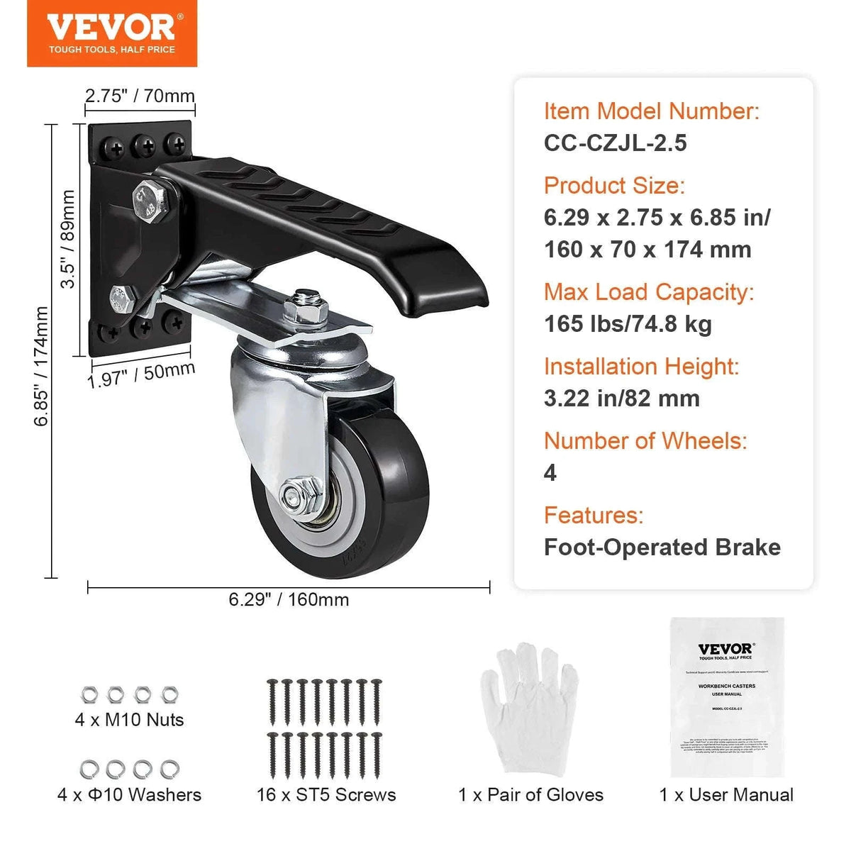 165 lb Side-Mounted Retractable Workbench Caster Wheels, Set of 4-4 pcs / UNITED KINGDOM