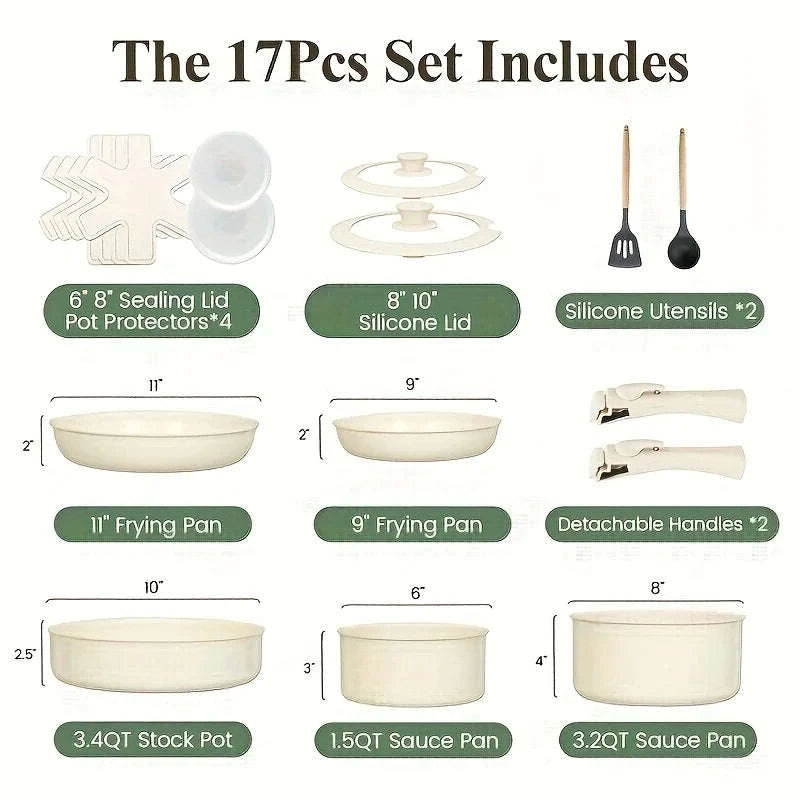 17-Piece Ceramic Nonstick Cookware Set with Removable Handles-United States / Cream