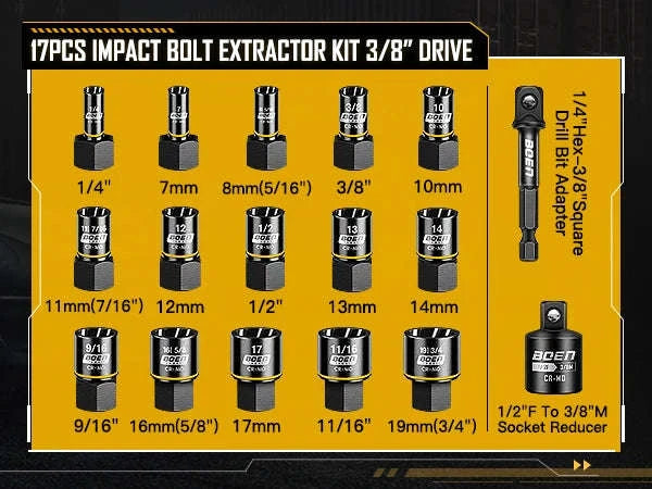 17-Piece Impact Bolt Extractor Kit for Damaged Bolts-United States