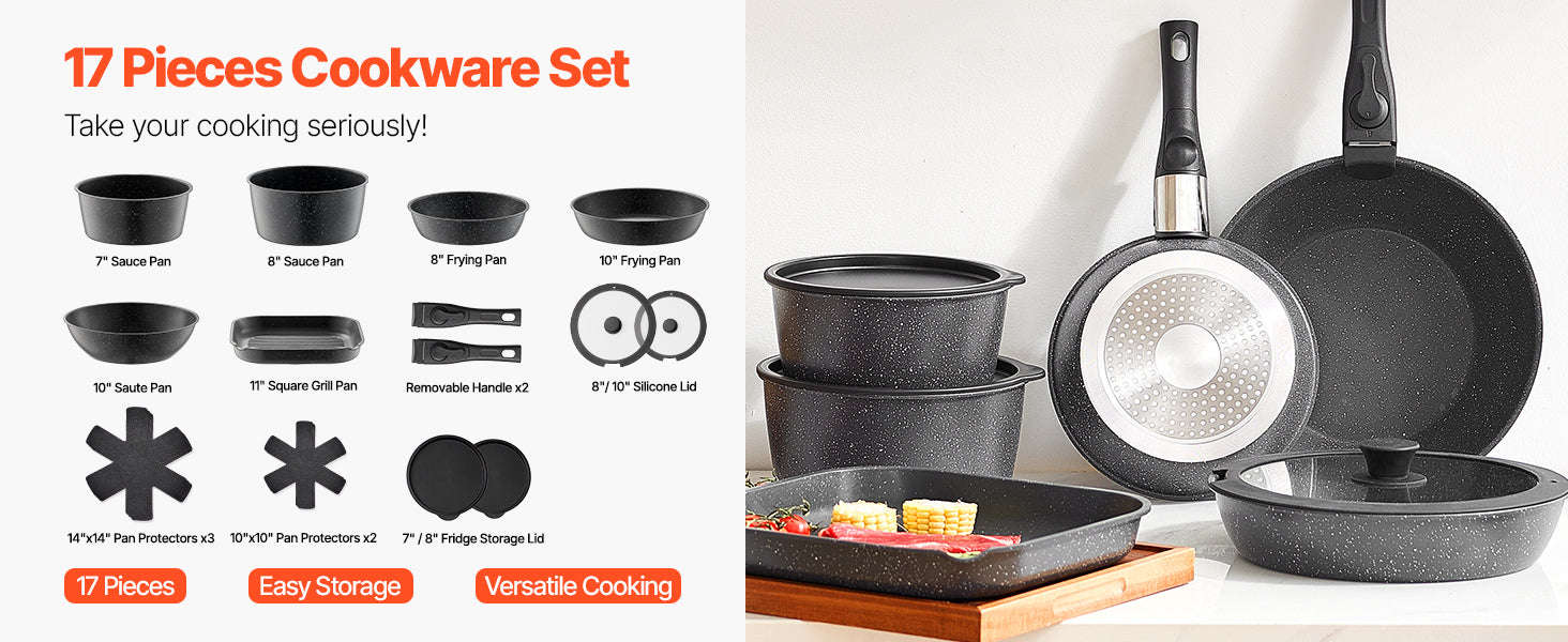 17-Piece Nonstick Cookware Set with Detachable Handles-1 set / CZECH REPUBLIC
