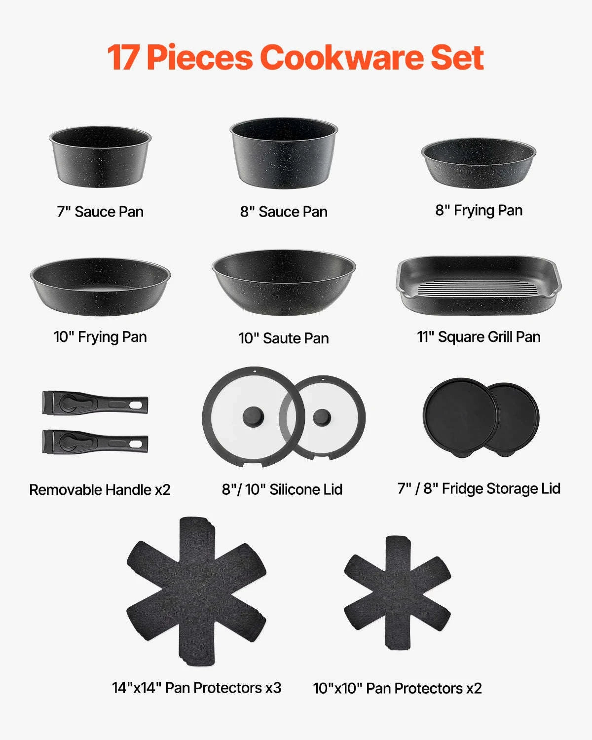 17-Piece Nonstick Cookware Set with Detachable Handles-1 set / CZECH REPUBLIC