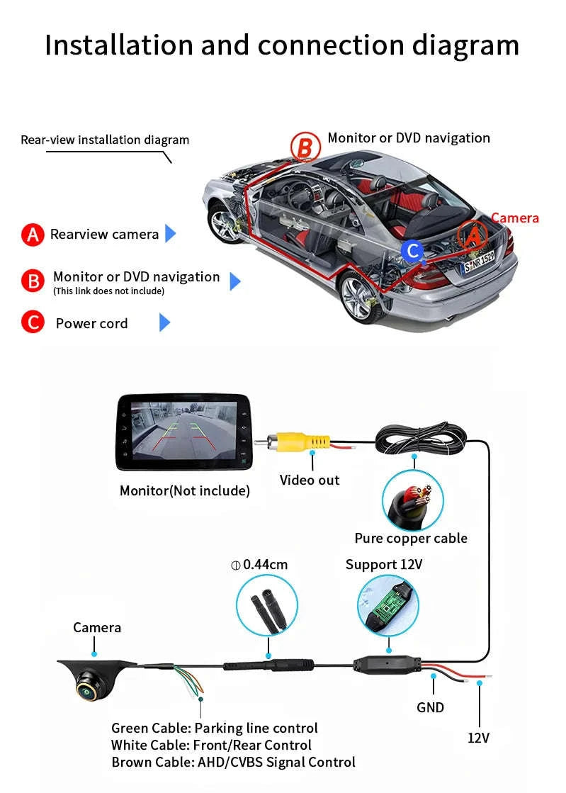 170° HD Car Rear View Camera with Night Vision and Guiding Line-017F-AHD720P-1080P / 12 V
