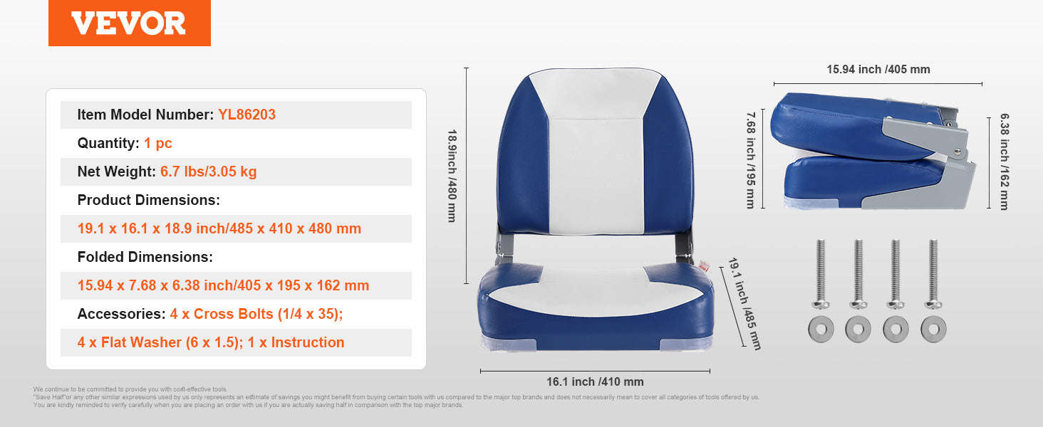 18.9-Inch Low Back Folding Boat Seat-1 pc / United States