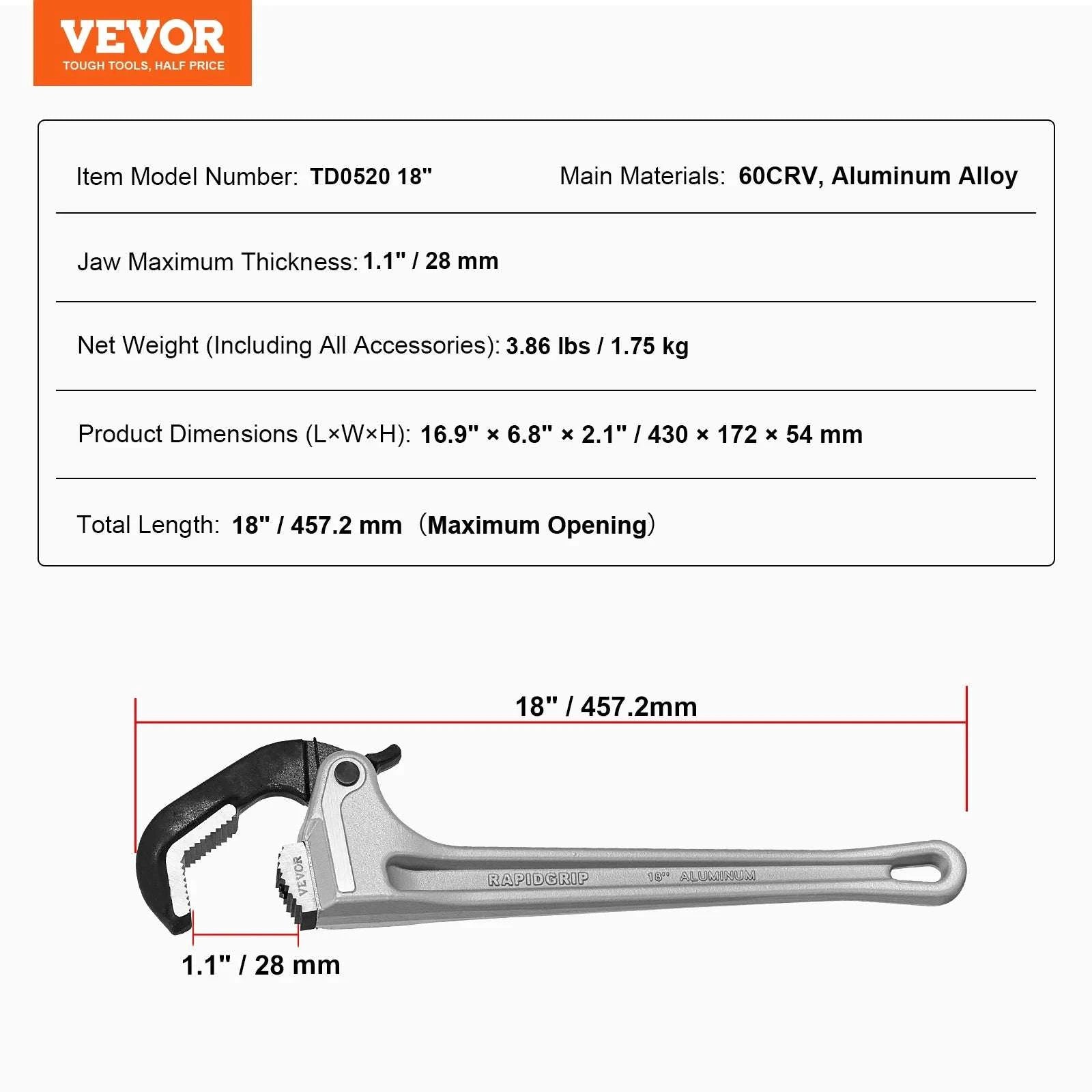 18" Aluminum Pipe Wrench with Automatic Jaw Adjustment-18inch / United States