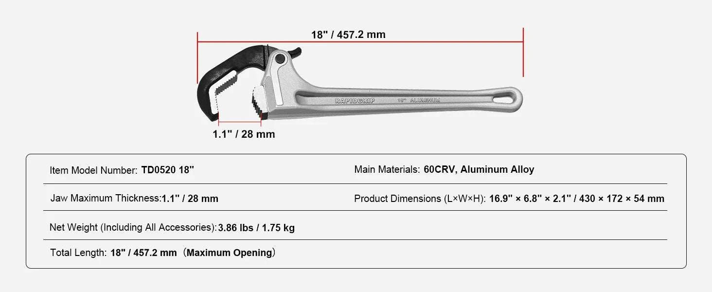 18" Aluminum Pipe Wrench with Automatic Jaw Adjustment-18inch / United States