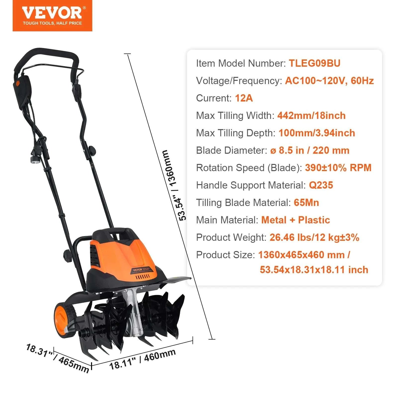 18" Electric Tiller 12A Garden Cultivator with Steel Tines-12AMP / United States