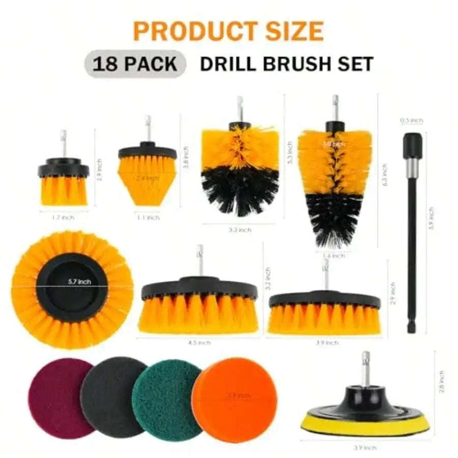 18-Piece Drill Brush Cleaning Set for Bathroom, Tile & Wheels-Orange / United States