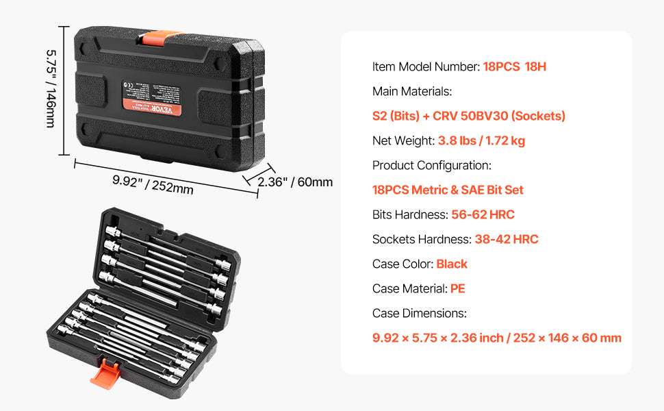 18-Piece Extra Long Allen Hex Bit Socket Set 3/8" Drive SAE Metric-HEX / United States