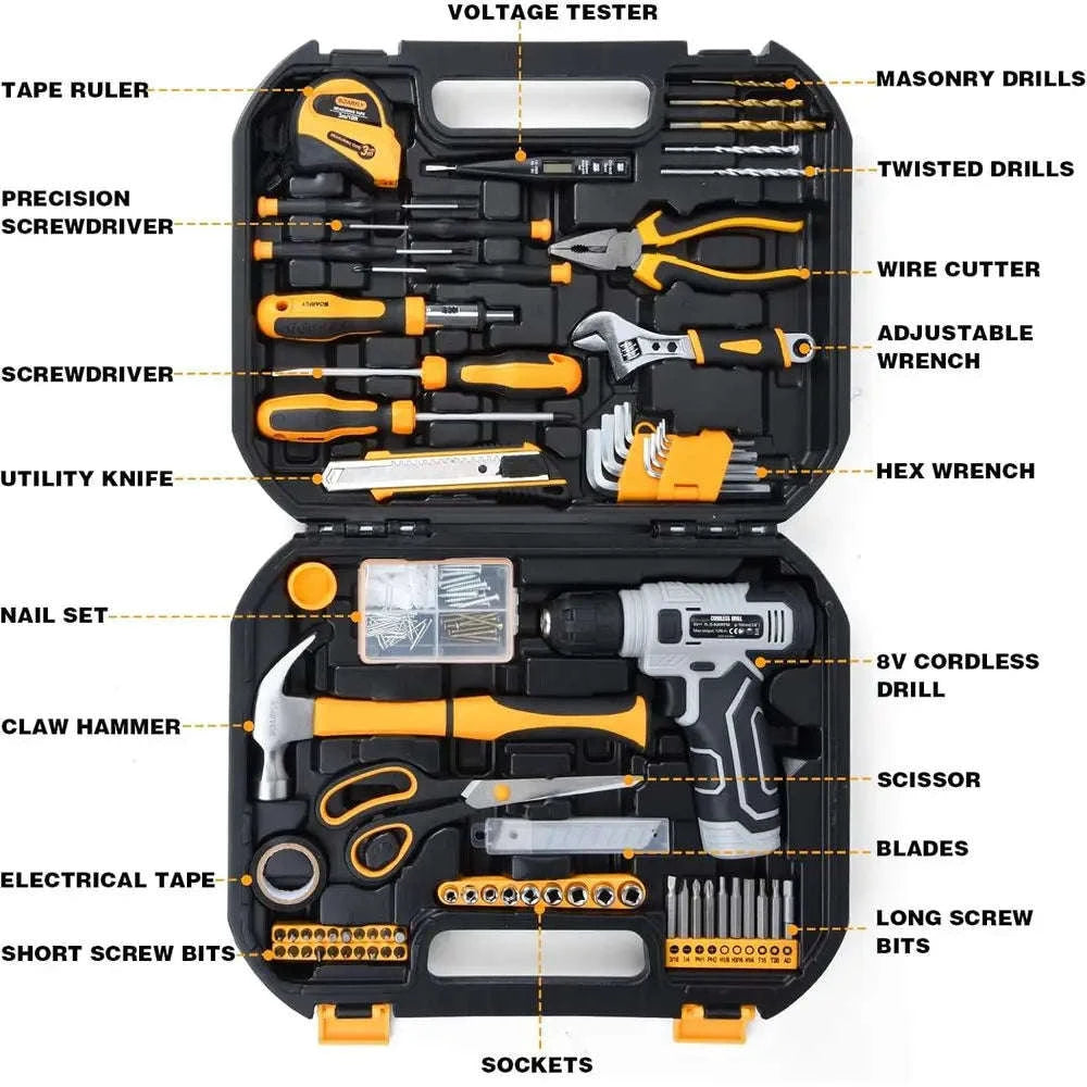180-Piece Tool Kit with 8V Cordless Drill for Home Repairs-United States