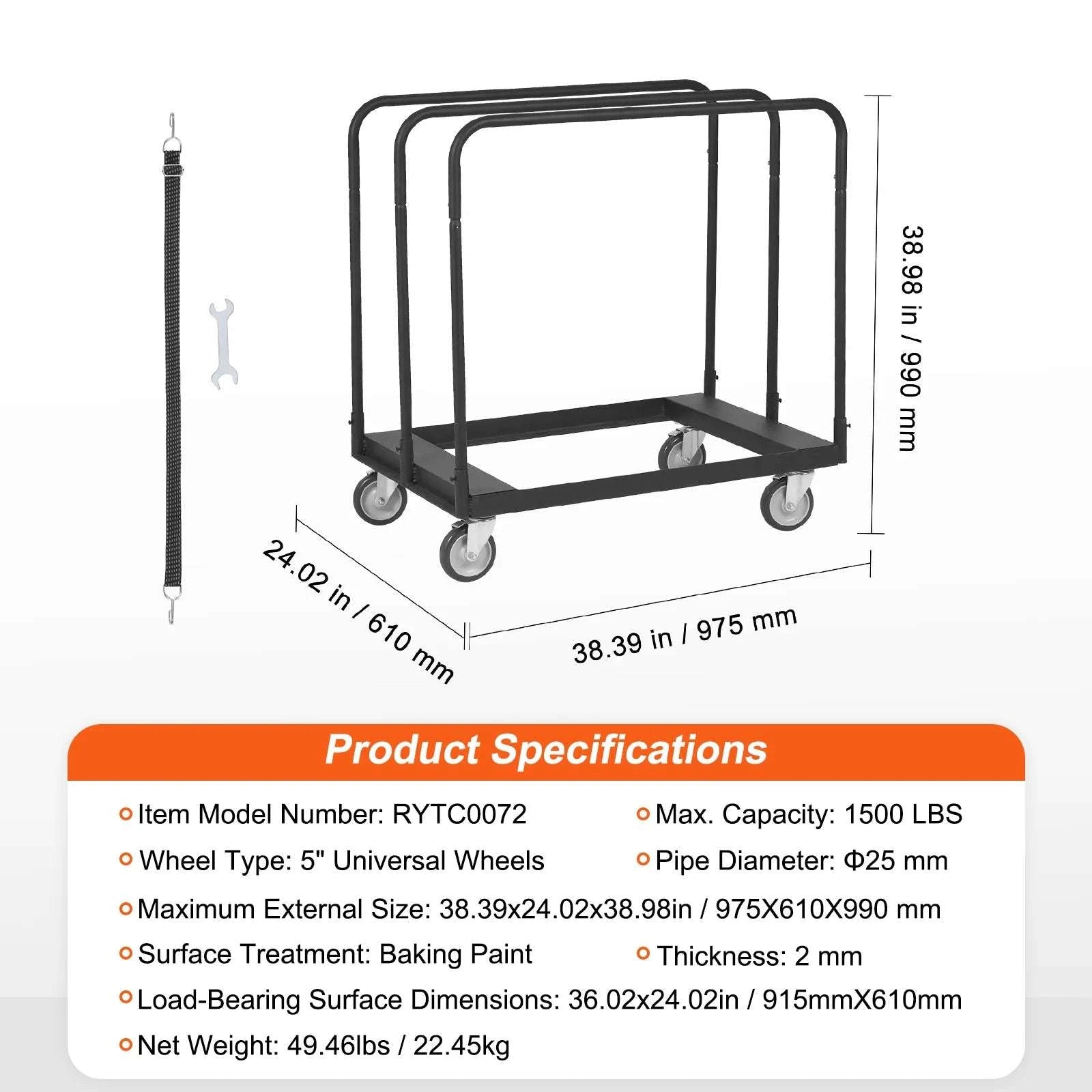 1800 lbs Drywall Panel Dolly Cart with Wheels & Tie-Down Strap-1500 LBS / Poland