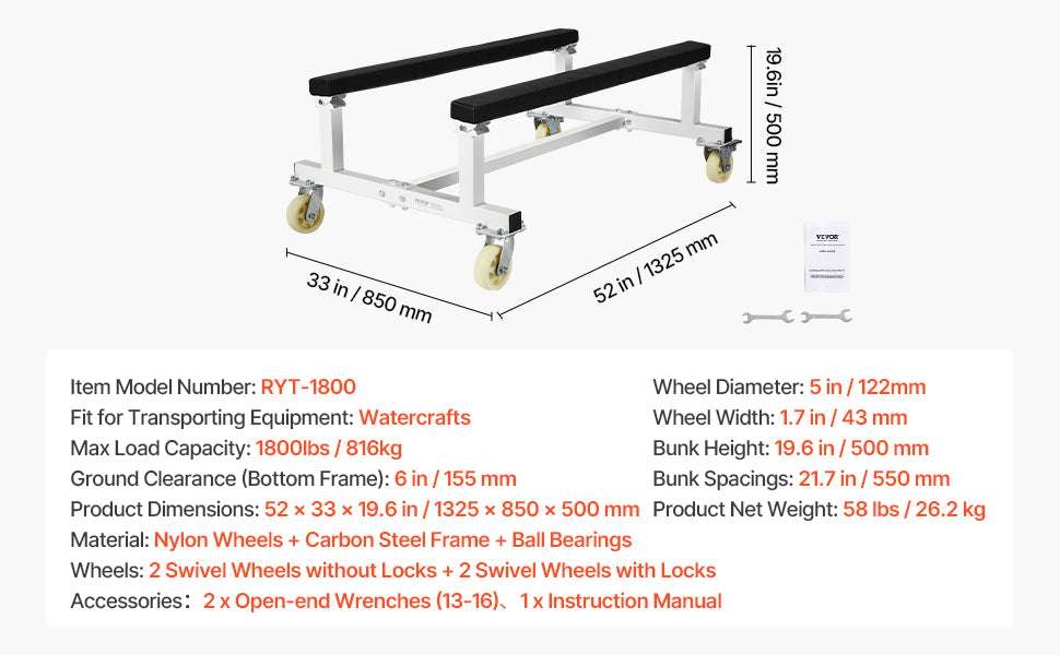 1800 lbs Jet Ski Dolly Cart with Wheels & Fixed Bunk Stand-18000 Lbs / CZECH REPUBLIC