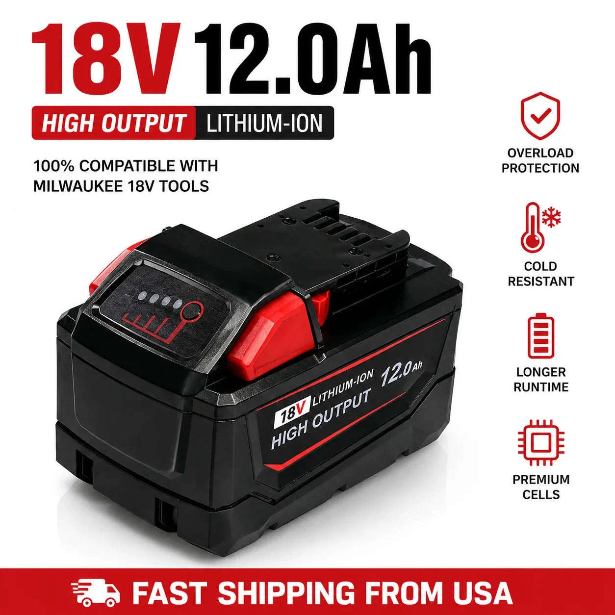 18V 12000mAh Li-ion Replacement Battery Pack for Cordless Tools-M18-12AH / 20V / 4PCS|United States