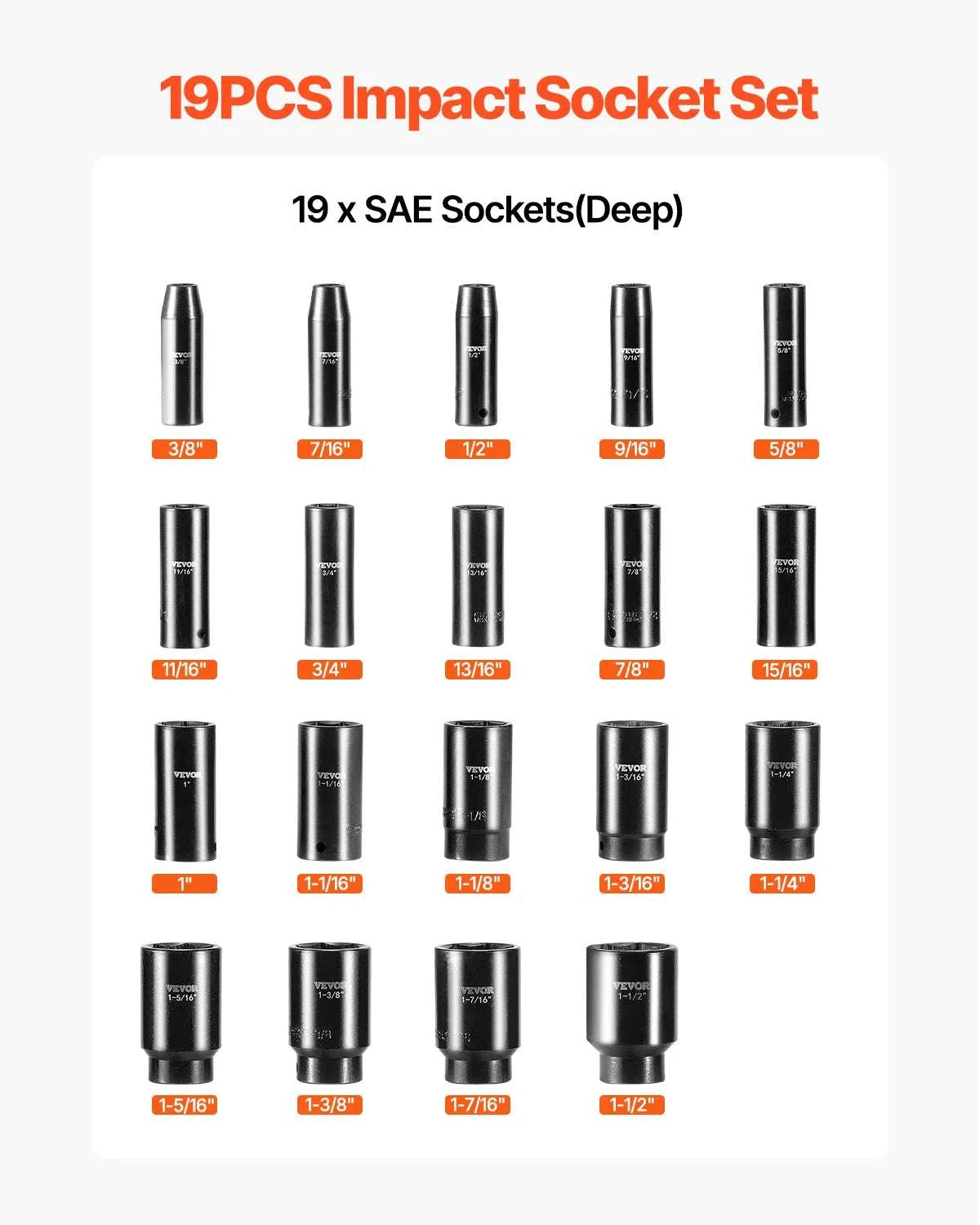 19-Piece 1/2" Drive Impact Socket Set Deep 6-Point SAE Sizes-19PCs / United States