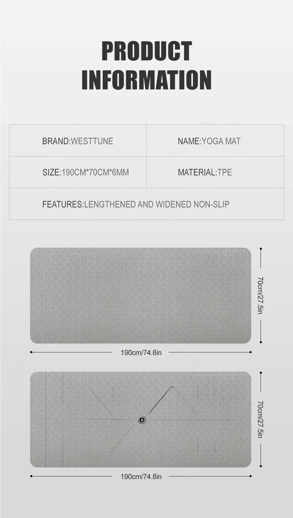 190CM Non-Slip TPE Yoga Mat with 6mm Cushioning-Gray with lines