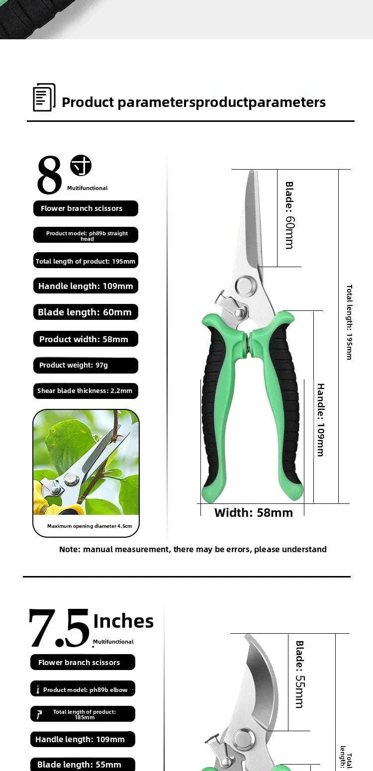 190mm Straight Head Pruning Shears Non-slip Handle Stainless Steel-JIAN002-Green