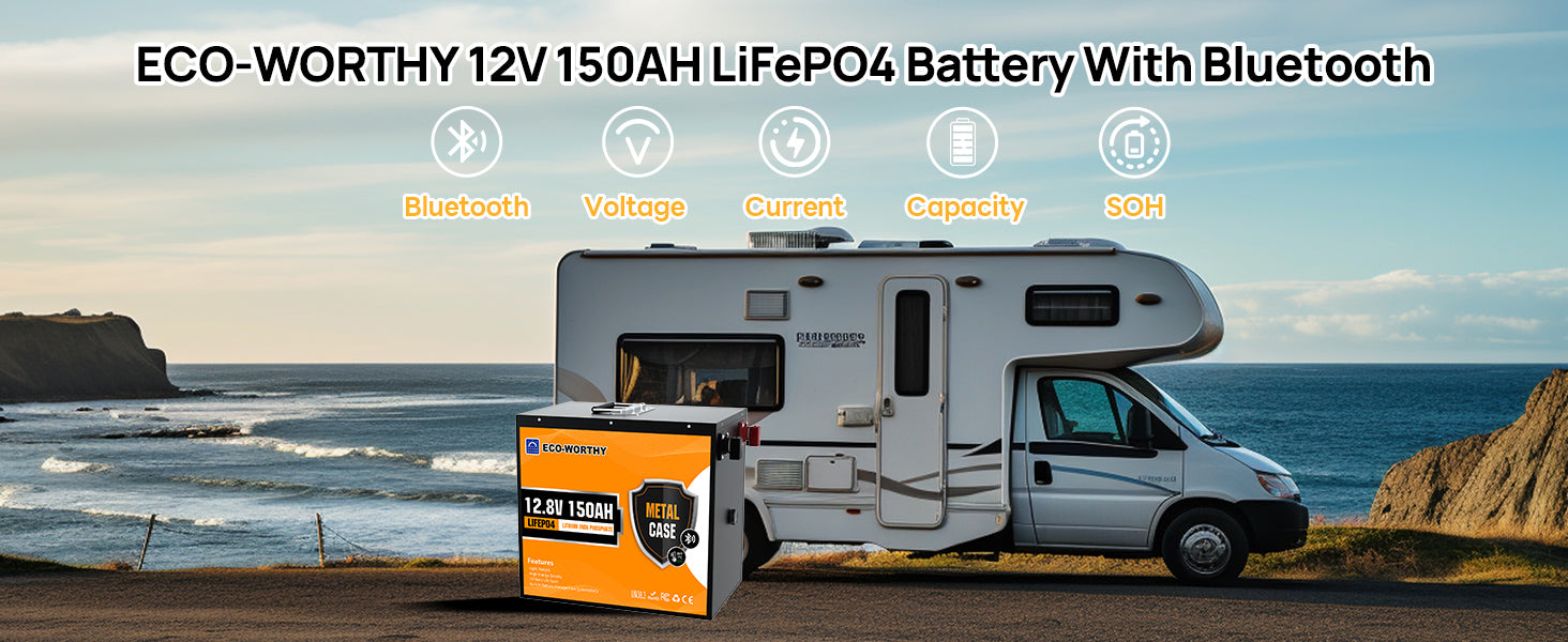 ECO-WORTHY 12V 150AH Bluetooth LiFePO4 Lithiumbatterie mit Kälteschutz, eingebautem 120A BMS, ideal zum Trolling