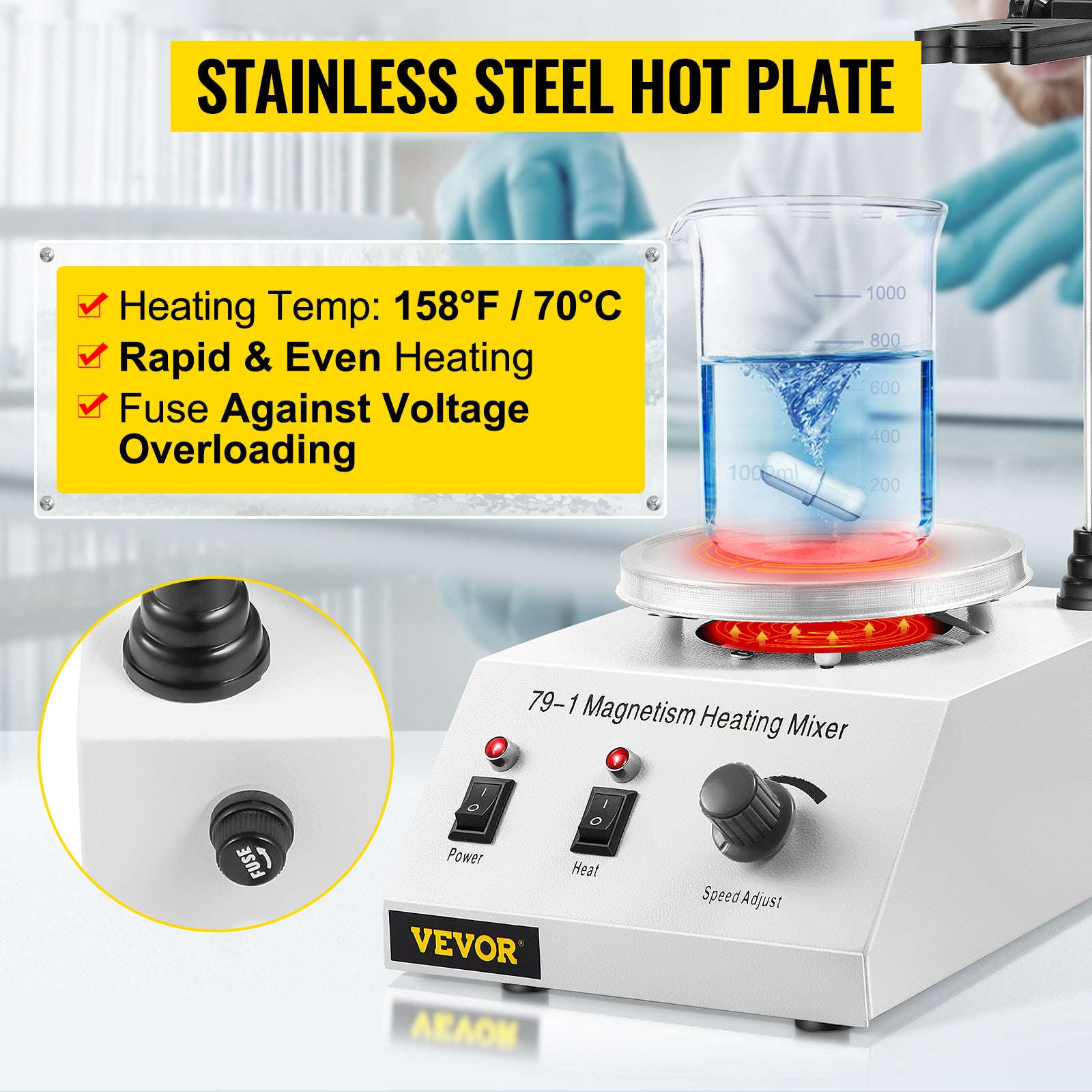 1L Heating Magnetic Stirrer Hot Plate with Stir Bar-United States / 100V-127V US Plug