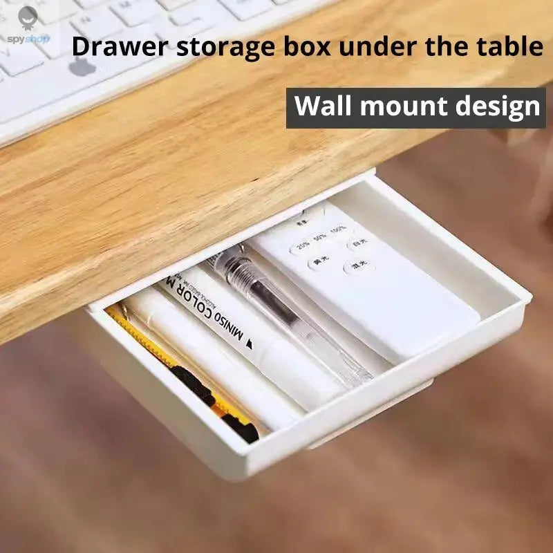 1pc White SelfAdhesive Storage Drawer Box Makeup Pencil Tray Desk Hidden Under Desk Stand Self-adhesive Under-drawer Storage Box Spy-shop.com