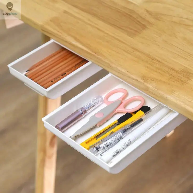 1pc White SelfAdhesive Storage Drawer Box Makeup Pencil Tray Desk Hidden Under Desk Stand Self-adhesive Under-drawer Storage Box Spy-shop.com