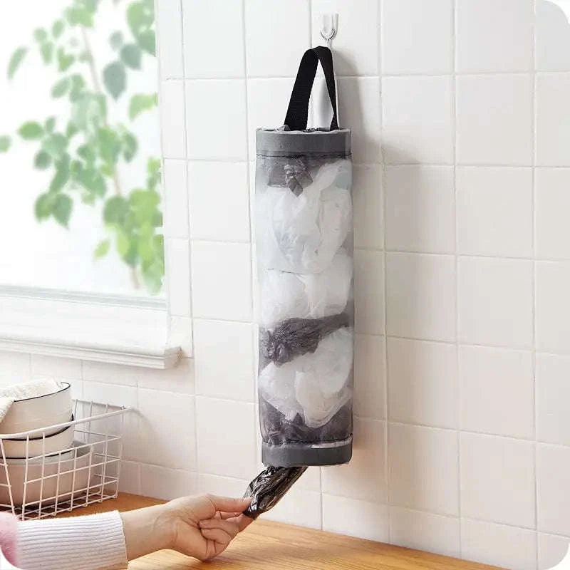 1pc Grey Sundries Bag Storage Wall Mount Mesh Plastic Bags Dispenser Hanging Reused Storage Pouch Trash Bags Kitchen Garbage Org-1PC Grey