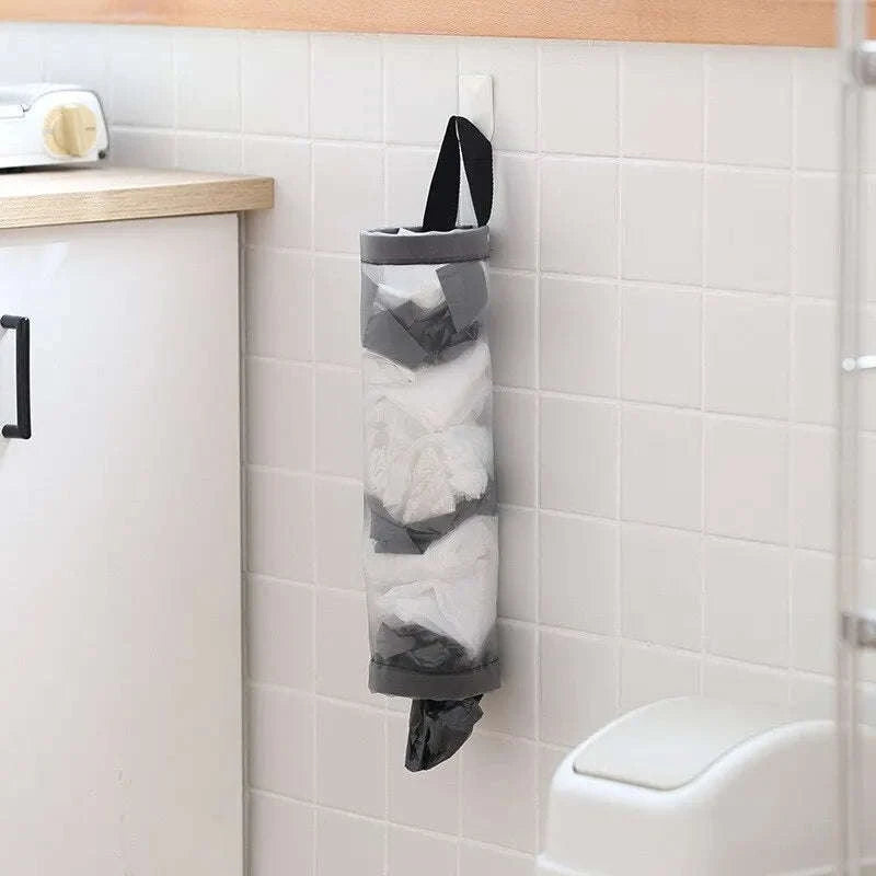 1pc Grey Sundries Bag Storage Wall Mount Mesh Plastic Bags Dispenser Hanging Reused Storage Pouch Trash Bags Kitchen Garbage Org-1PC Grey