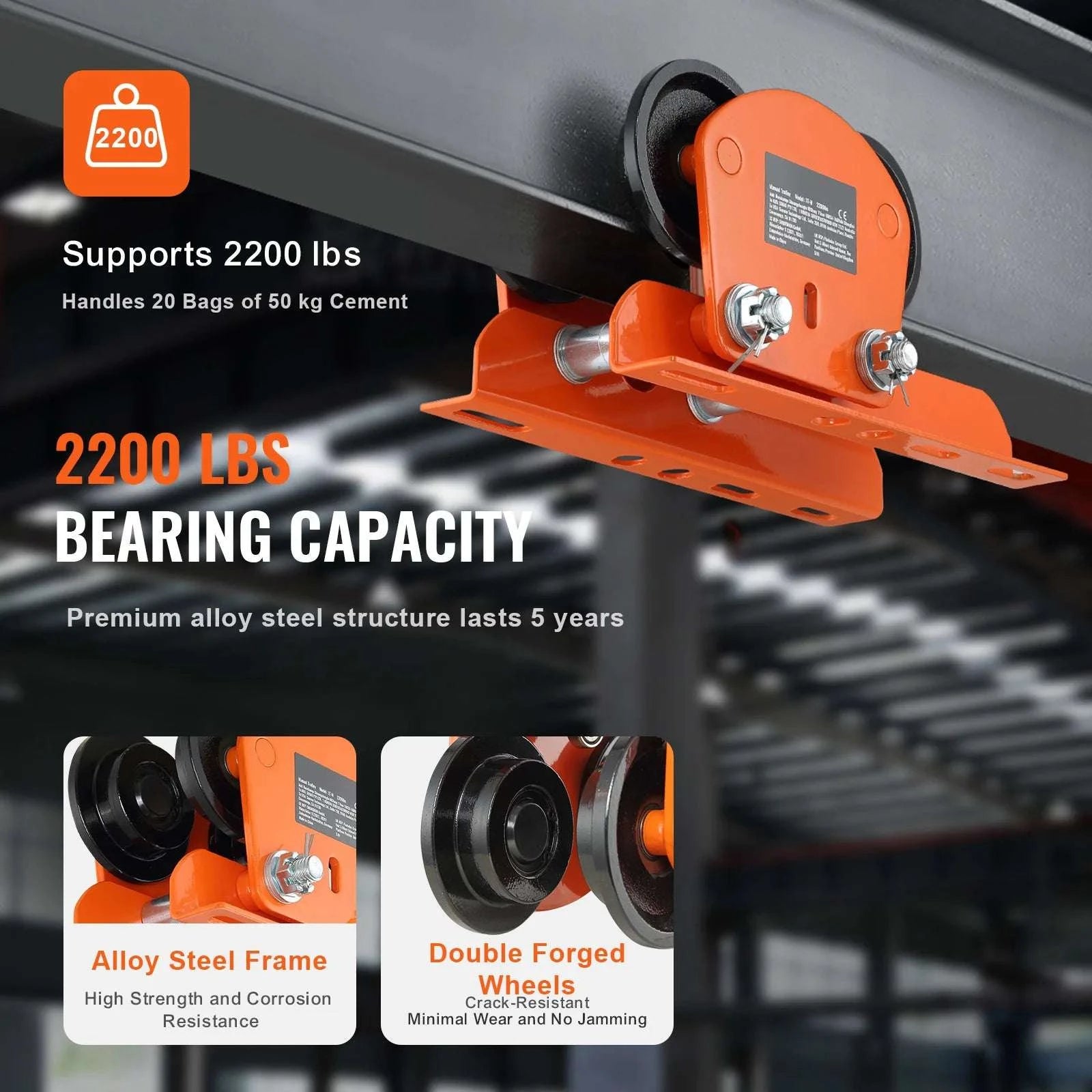 1T Manual Beam Trolley 2200 lbs Capacity Adjustable I-Beam Hoist-1T / United States