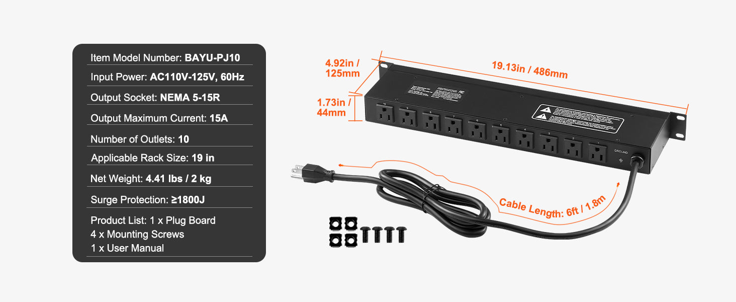 Multipresa PDU da 1U per montaggio a rack con 8/10/12 prese, protezione da sovratensioni 15A