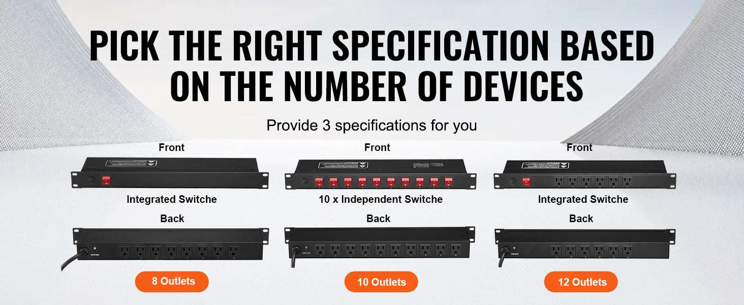 1U Rack Mount PDU Power Strip 8/10/12 Outlets 15A Surge Protected-Independent Switch10 / United States
