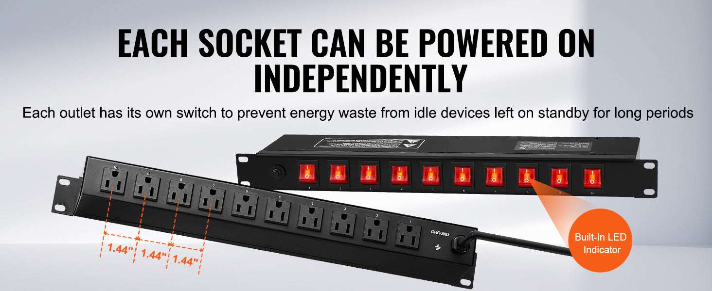 1U Rack Mount PDU Power Strip 8/10/12 Outlets 15A Surge Protected-Independent Switch10 / United States
