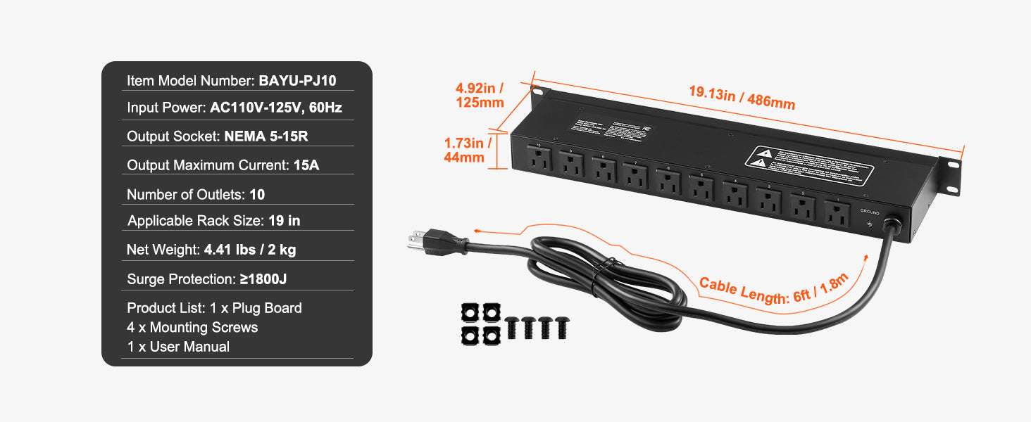 1U Rack Mount PDU Power Strip 8/10/12 Outlets 15A Surge Protected-Independent Switch10 / United States