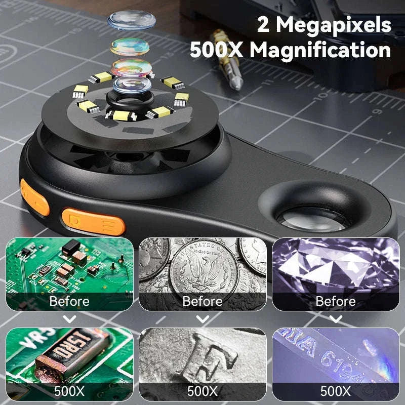 2.0-Inch 500X Digital Microscope with 8 LEDs and Screen-Auto Focus Black
