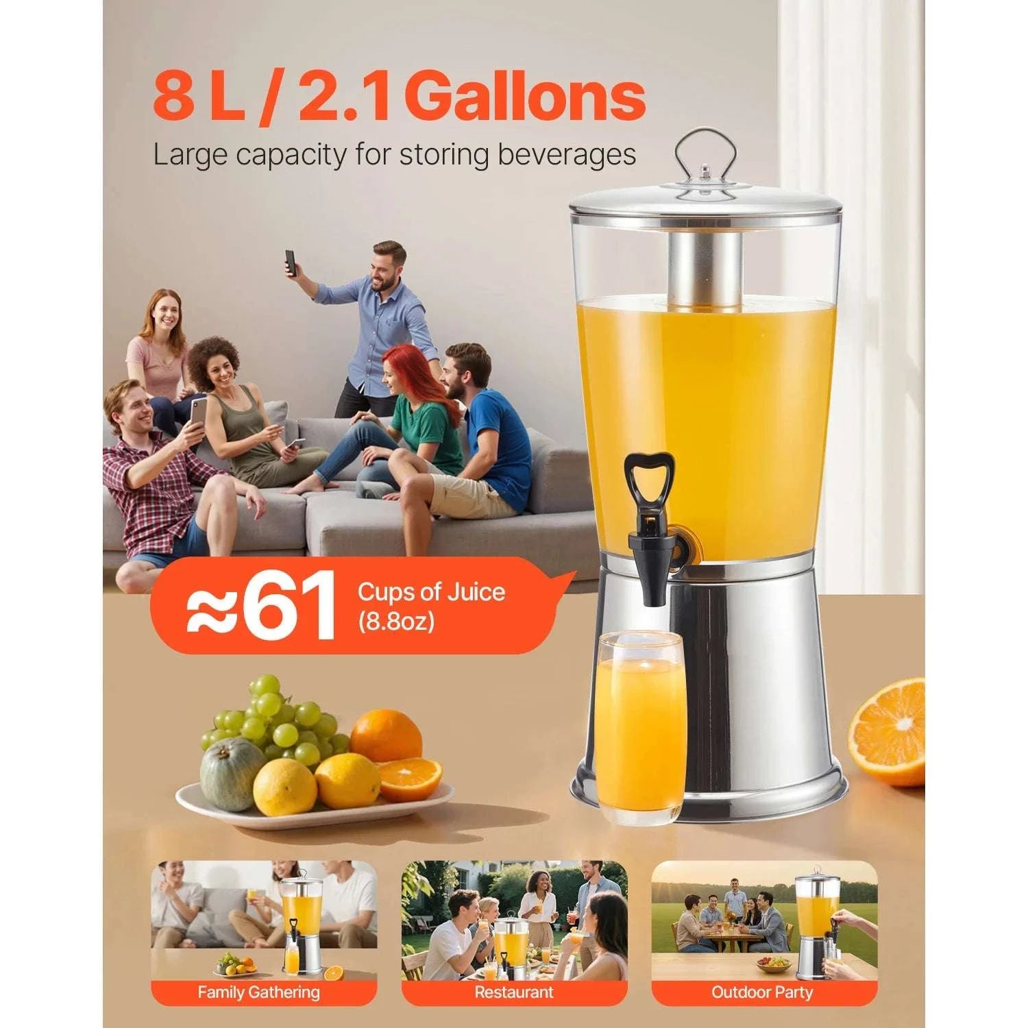 2.1 Gallon Beverage Dispenser with Ice Chamber & No-Drip Spigot-2.2gal 8L / United States
