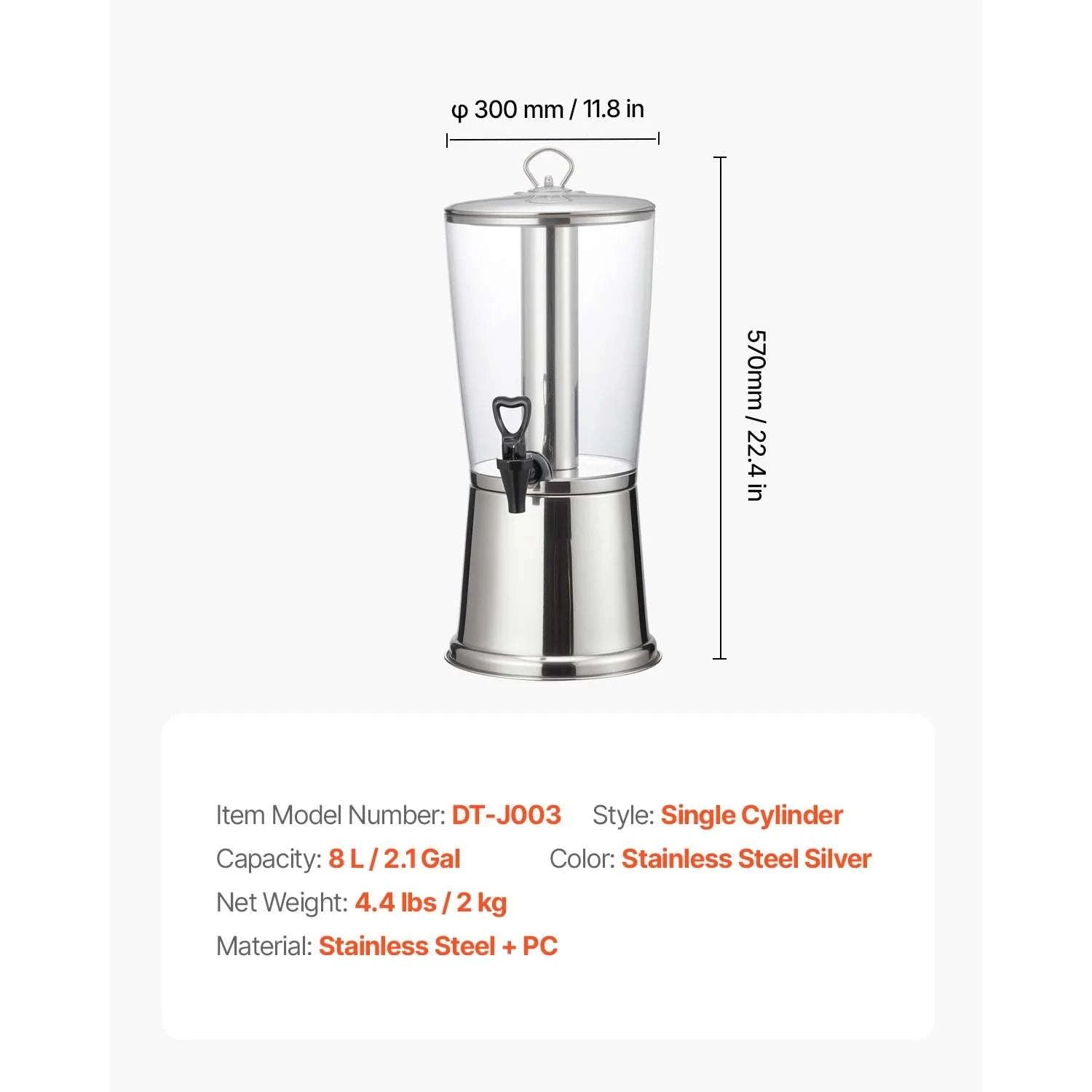 2.1 Gallon Beverage Dispenser with Ice Chamber & No-Drip Spigot-2.2gal 8L / United States