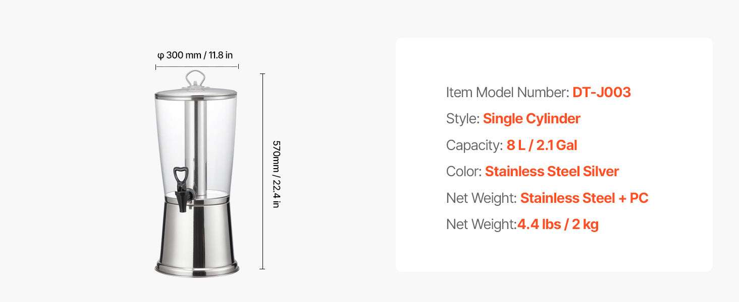 2.1 Gallon Beverage Dispenser with Ice Chamber & No-Drip Spigot-2.2gal 8L / United States