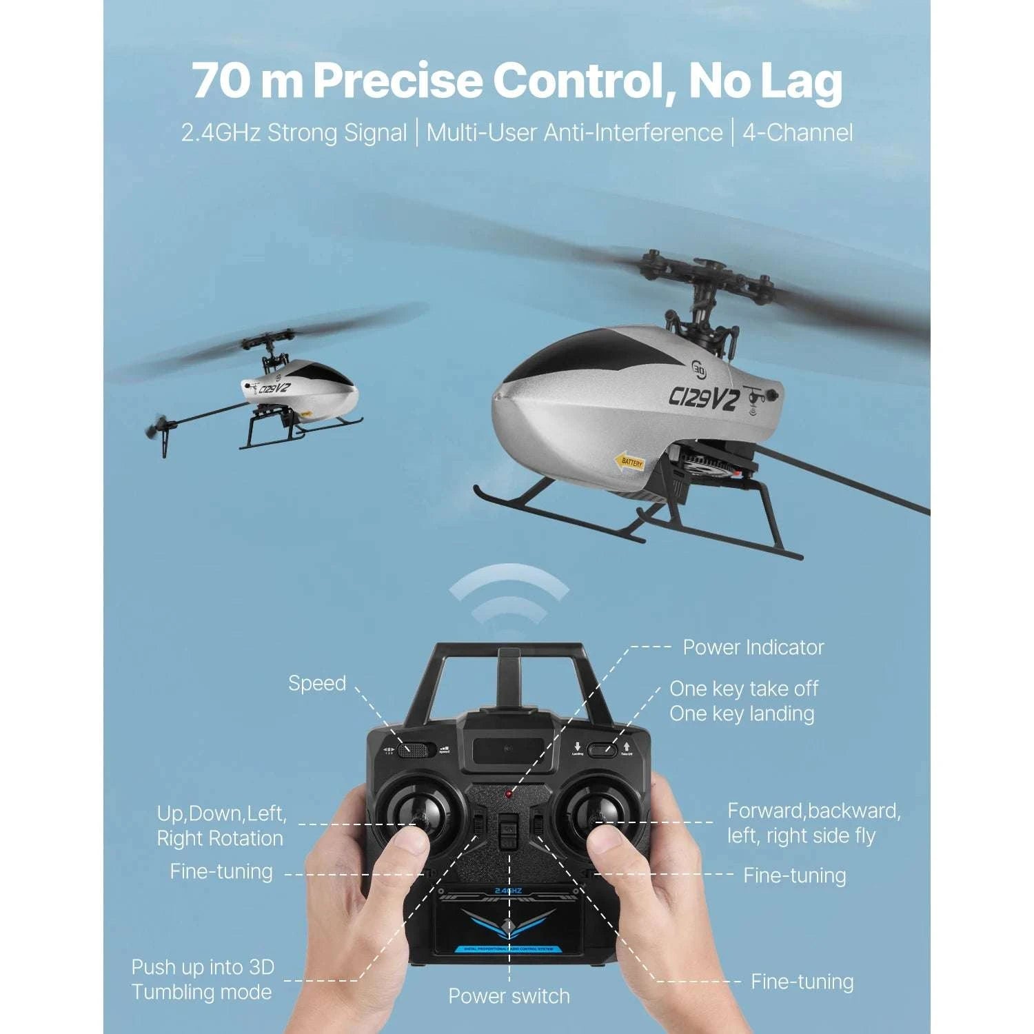 2.4GHz RC Helicopter 4-Channel with Gyro & One-Key Takeoff-Sliver / United States