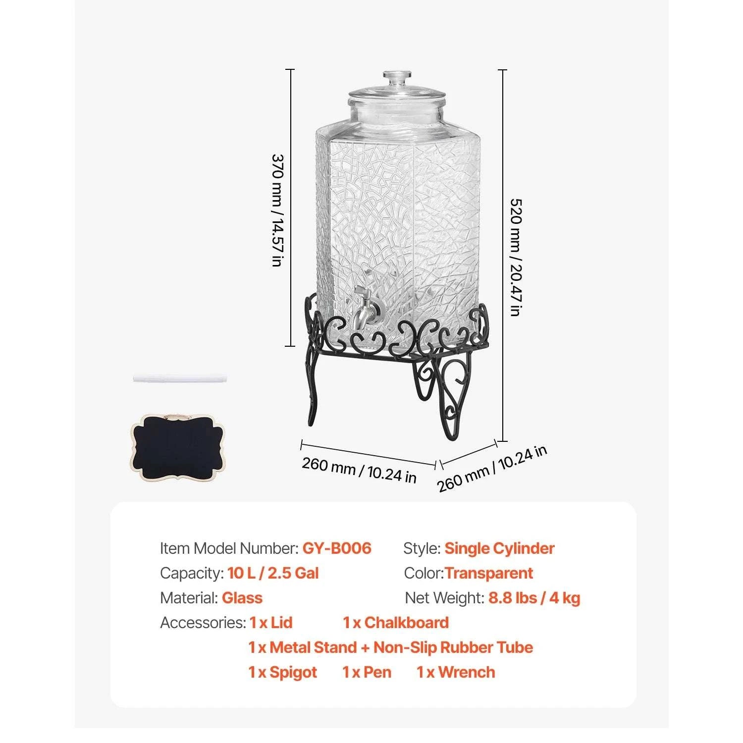 2.5 Gallon Glass Beverage Dispenser with Stand & Leak-Proof Spigot-2.5 gal / United States
