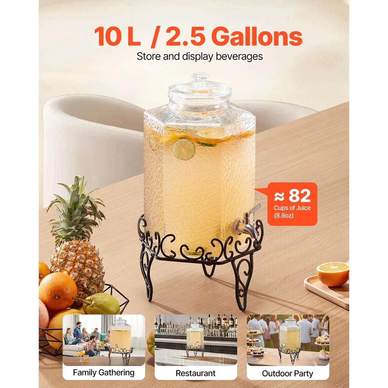 2.5 Gallon Glass Beverage Dispenser with Stand & Leak-Proof Spigot-2.5 gal / United States